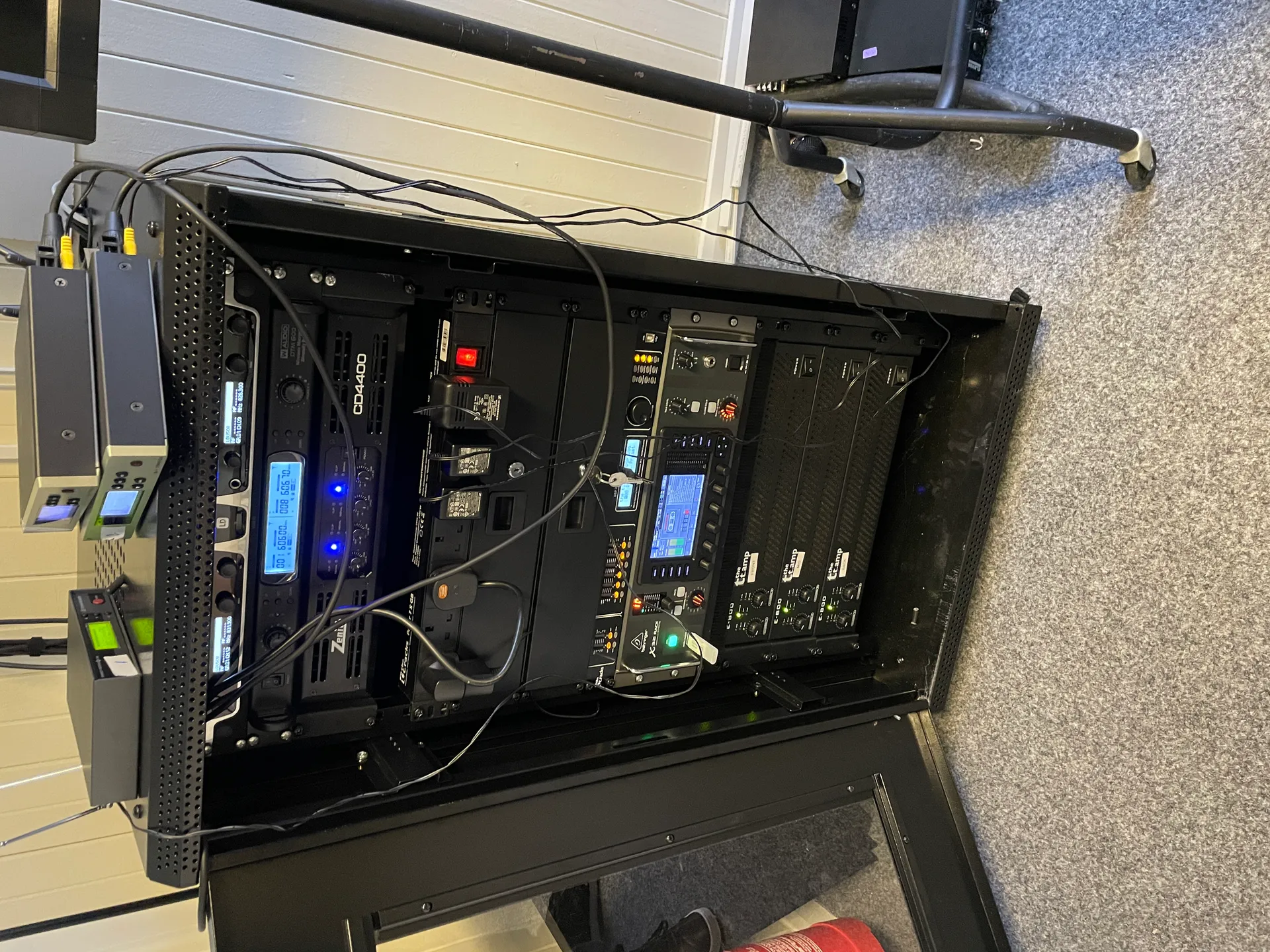 A 19" equipment rack including a Behringer X32 Rack