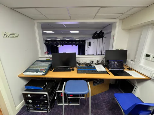 The view from the tech booth at Cardinal Newmann college for a dance show